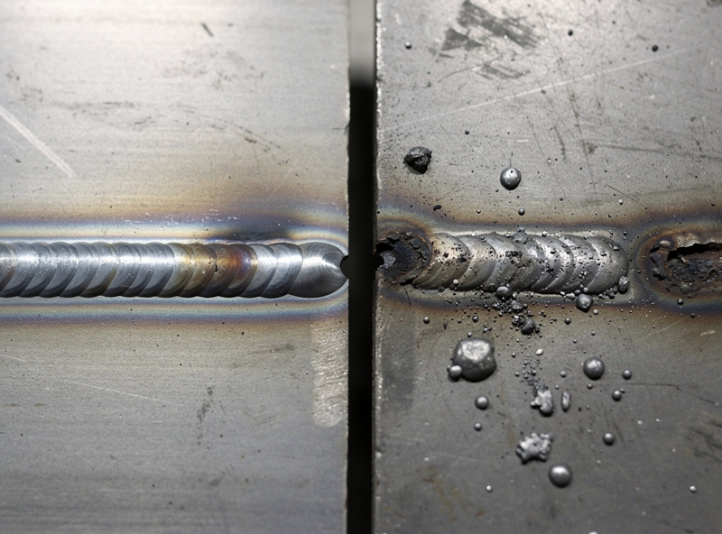 Side by side MIG weld beads comparing gas-shielded and flux-cored welding results