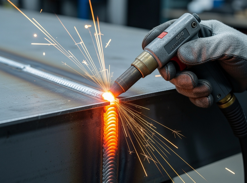MIG welding gun at drag angle laying bead on steel T-joint with proper technique