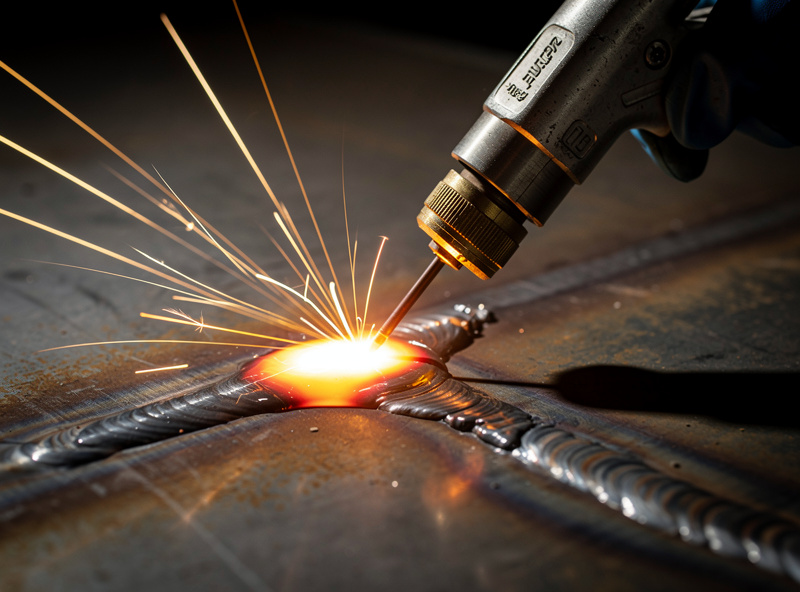 Macro close-up of a MIG welding gun in mid-weld on 1/4 inch mild steel showing proper 15 degree push angle with wire feeding into the bright arc with controlled spatter