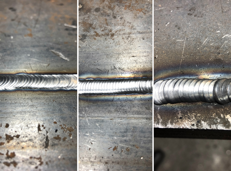 Three macro photographs of completed MIG weld beads on different steel thicknesses arranged side by side: 1/8 inch sheet, 1/4 inch plate, and 3/8 inch plate