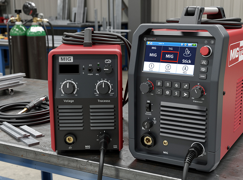 Photograph of a multi-process welder on a cart showing the front panel with mode selector switch for MIG, stick, and TIG, with the MIG gun connected and a stick electrode holder and TIG torch next to the machine