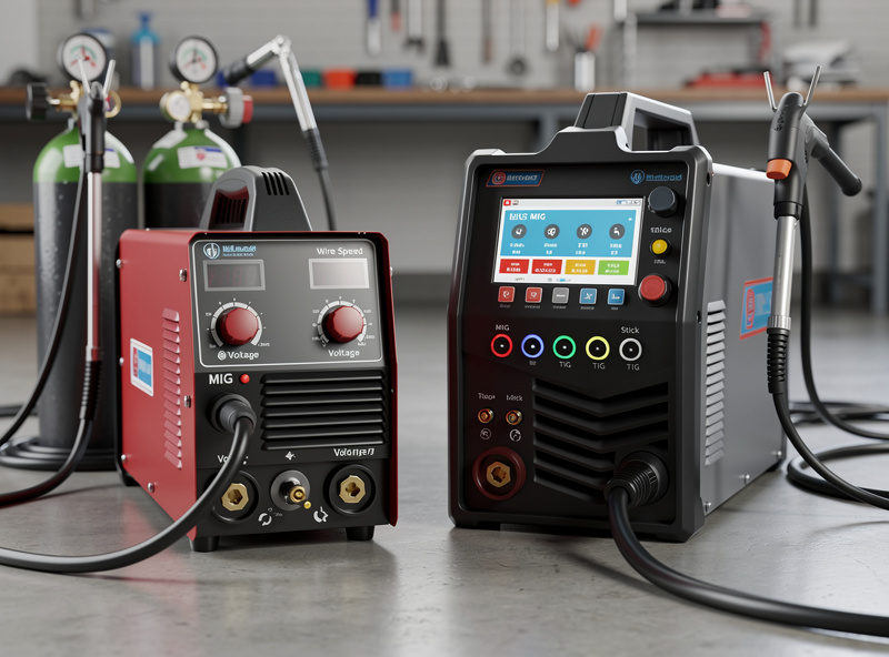 Side-by-side comparison photograph showing a dedicated single-process MIG welder on the left and a multi-process MIG/stick/TIG welder on the right, both on welding carts