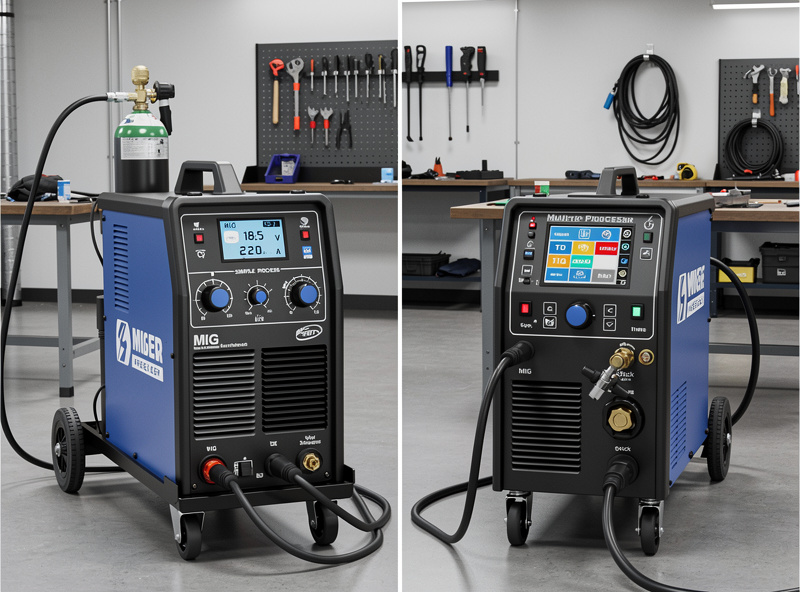 Photograph of a home welder switching the MIG gun out for the stick electrode holder on a multi-process machine, showing the quick-connect terminals on the front panel