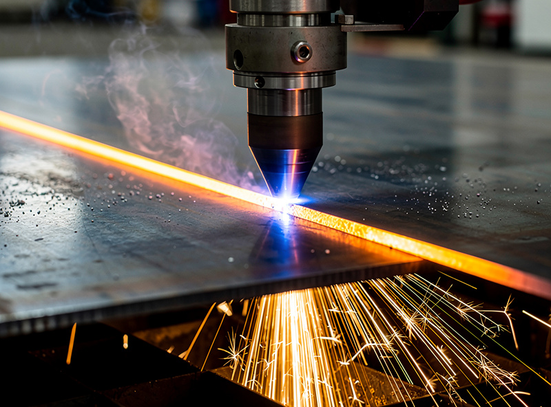 Editorial photograph of a plasma cutter making a clean cut through 1/4 inch steel plate with bright spark shower and visible blue arc