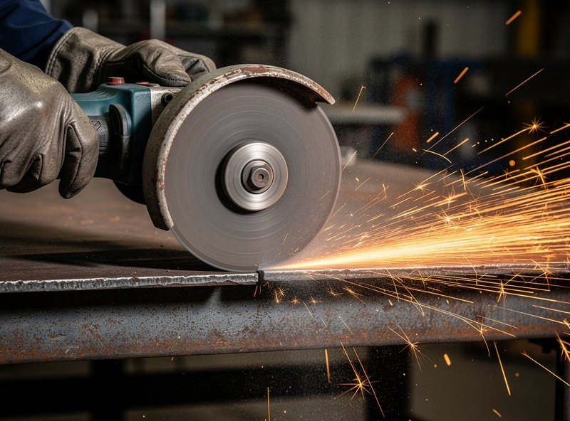 Editorial photograph of an angle grinder cutting through steel plate with abrasive cutoff wheel showing large spark shower