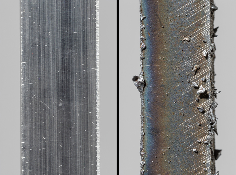 Macro photograph comparing two cut steel edges, on the left a smooth clean plasma-cut edge and on the right a rough abrasive-cut angle grinder edge with burrs
