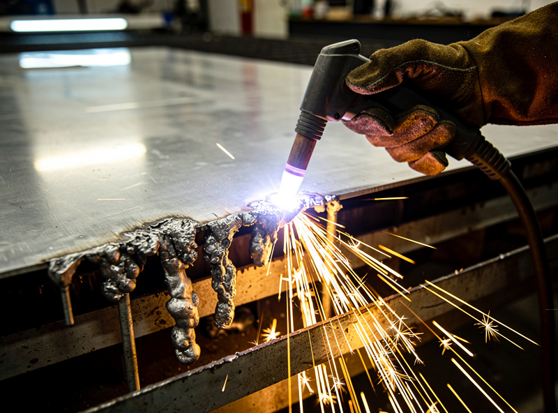 A piece of 6mm aluminum sheet on a steel plasma cutting table with a plasma torch making a cut, visible heavy dross on the underside of the cut and ragged edges, garage workshop lighting
