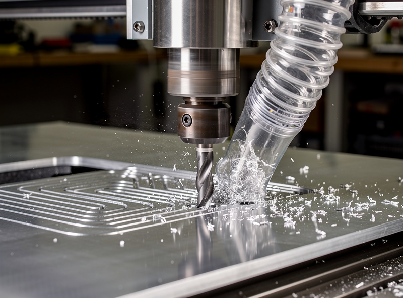Desktop CNC router cutting a 6mm thick aluminum plate with a single-flute end mill, visible aluminum chips ejecting cleanly, dust collection tube positioned beside the spindle, workshop lighting