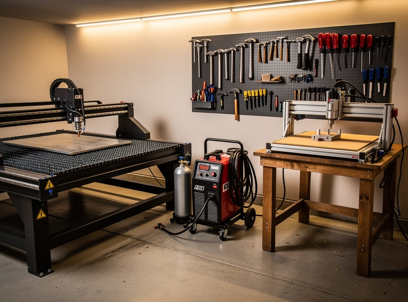 Home metalworking workshop with a plasma cutting table on one side, a desktop CNC router on a workbench across the room, a MIG welder on a rolling cart in the middle, organized tool wall in the background