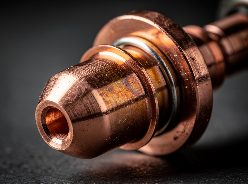 Close-up of plasma cutter torch nozzle and electrode consumable assembly
