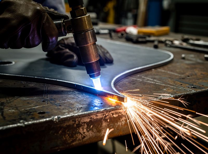 Plasma cutting a curved shape in sheet metal with blue arc on workshop table