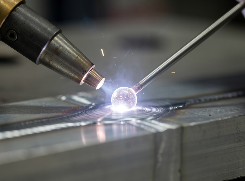 TIG welding aluminum with AC arc showing balled tungsten tip and filler rod feeding into molten puddle