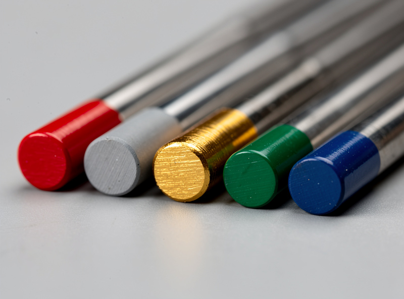 Five tungsten electrodes side by side close-up showing the end color band identifications: red, gray, gold, green, and blue painted tips