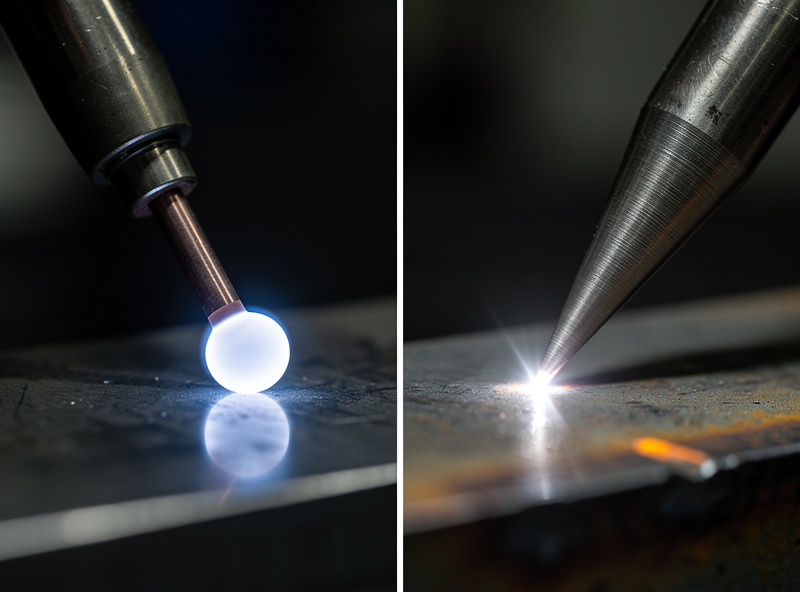 Side-by-side comparison of TIG tungsten tips showing balled tungsten on AC aluminum welding on the left and pointed tungsten on DC steel welding on the right