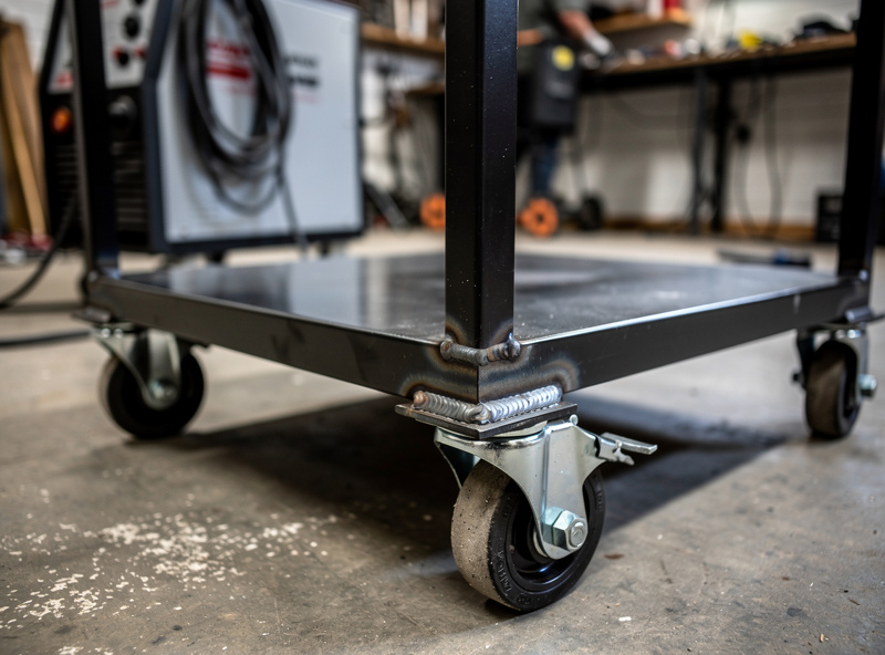 Photograph of a beginner's completed welding cart project on a workshop floor showing clean T-joint welds on angle iron frame with casters attached, demonstrating achievable first-project quality
