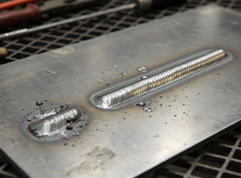 Progression photograph showing three weld beads in a row representing beginner, intermediate, and proficient skill levels — from irregular and wandering to clean, straight, and professionally finished, on a steel practice plate