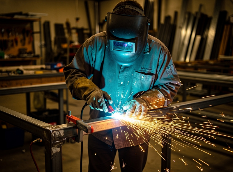 Welder in safety gear MIG welding a steel angle iron frame with sparks visible