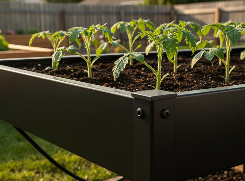 Close-up of powder-coated black welded steel raised bed frame filled with soil and tomato seedlings