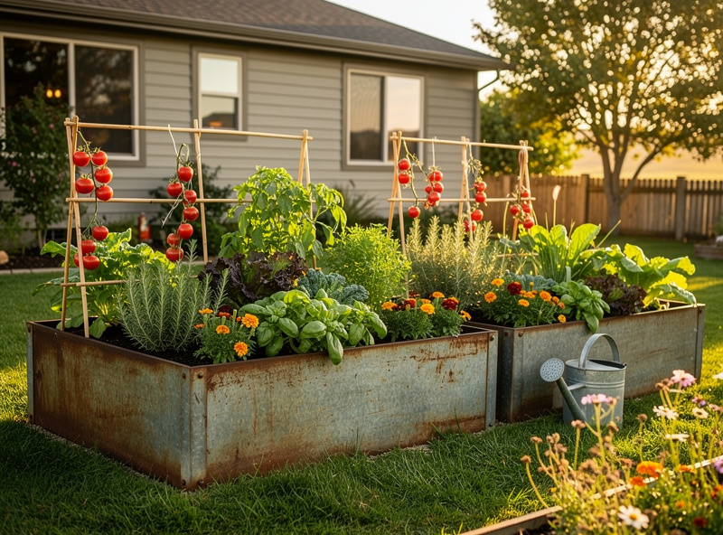 Backyard garden with three welded steel raised beds growing vegetables and herbs
