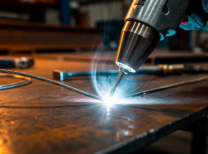 Close-up of MIG welding gun feeding wire into mild steel with visible arc and shielding gas
