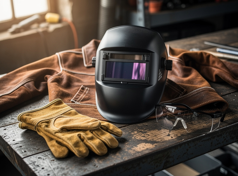 Welding safety gear on workbench including auto-darkening helmet, leather gloves, and protective jacket