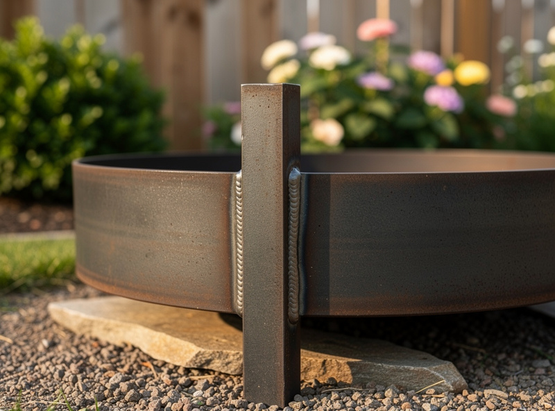 Welded steel fire pit in backyard garden showing clean T-joint construction