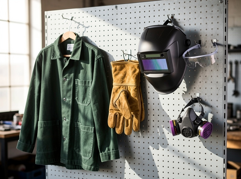 Welding personal protective equipment organized on a shop pegboard showing flame-retardant jacket, leather gloves, auto-darkening helmet, safety glasses, and respirator