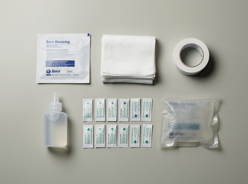 First aid kit contents organized on a clean workshop surface including burn dressing, sterile gauze, medical tape, antiseptic wipes, eye wash bottle, and an instant cold pack