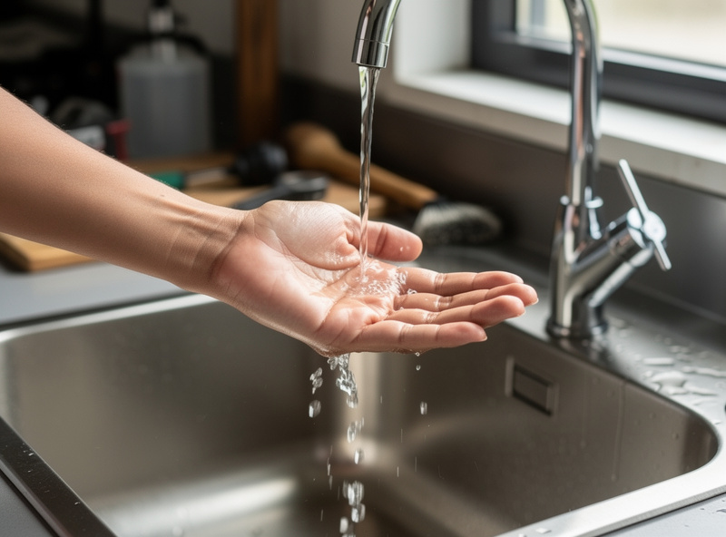 Editorial photograph showing cool running water from a workshop sink demonstrating proper burn first aid rinse technique on a hand
