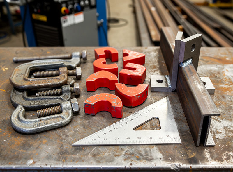 Photograph of welding fixturing tools arranged on a steel welding table: C-clamps of various sizes, welding magnets in arrow and multi-angle shapes, a speed square, and corner clamps