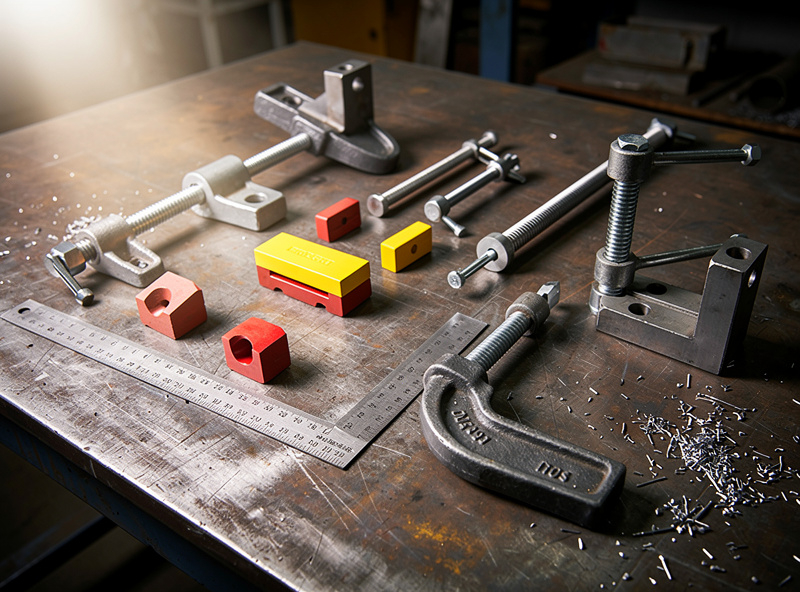 Photograph showing welding magnets in use: arrow magnets holding two pieces of angle iron at 90 degrees on a welding table, with C-clamps on the far side for comparison