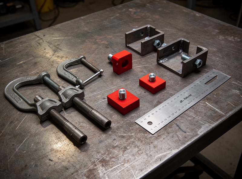 Photograph of a steel frame being squared up on a welding table using corner clamps on two opposite corners, welding magnets on the remaining corners, and a framing square checking overall square