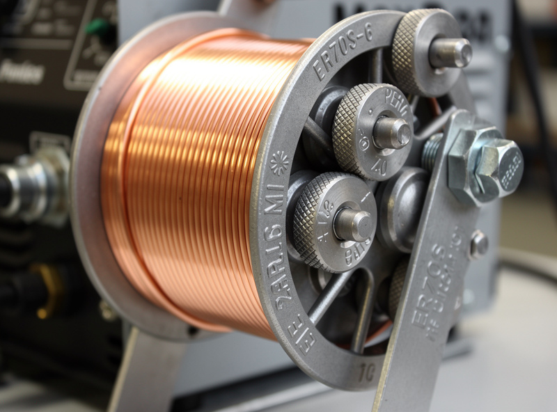ER70S-6 MIG wire spool loaded on welder with wire feeding through drive rolls