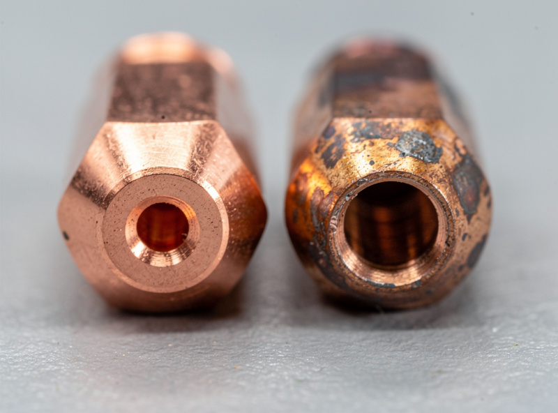 New and worn MIG contact tips showing bore enlargement comparison