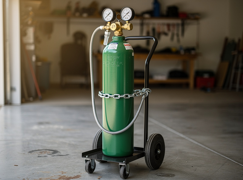 Shielding gas cylinder with regulator chained to welding cart