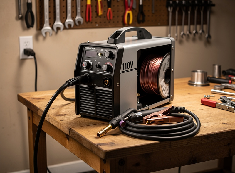 110V MIG welder with wire spool loaded on garage workbench
