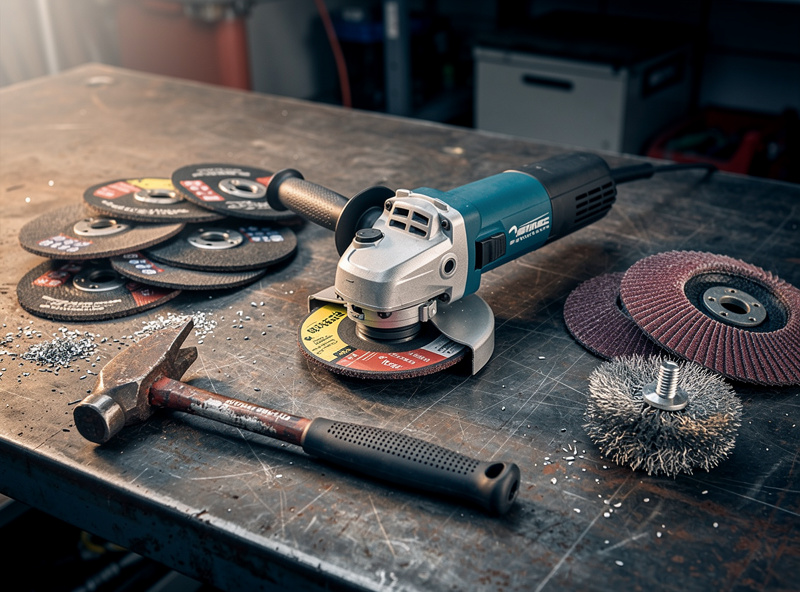 Angle grinder with cutoff wheel and flap disc accessories on steel workbench