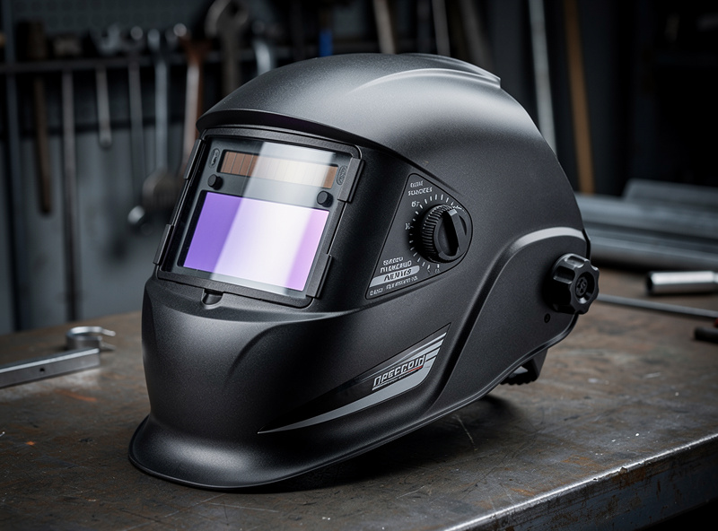 Auto-darkening welding helmet with adjustable shade controls on workbench