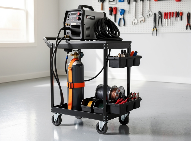 Welding cart with welder on top shelf and gas cylinder secured on lower shelf