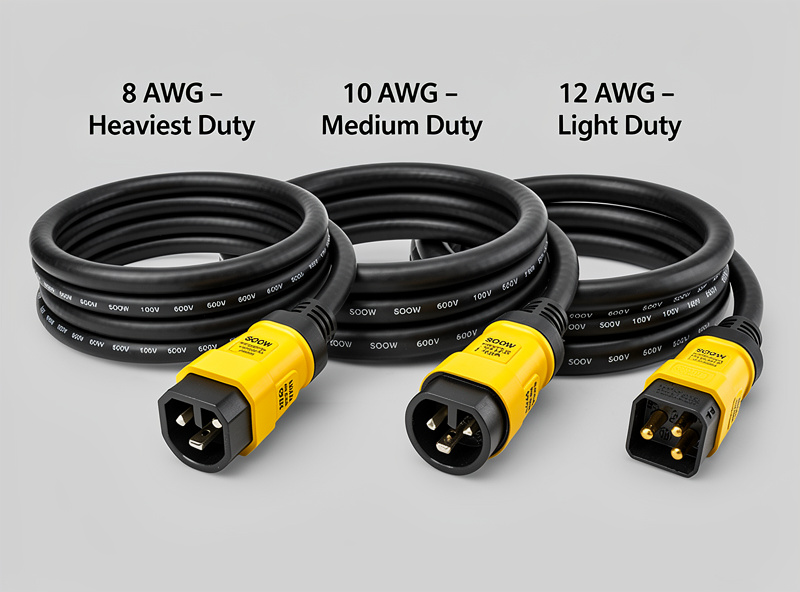 Close-up photograph comparing three extension cords side by side: a thin orange 16-gauge household cord, a medium 12-gauge cord, and a thick black 8-gauge welding extension cord