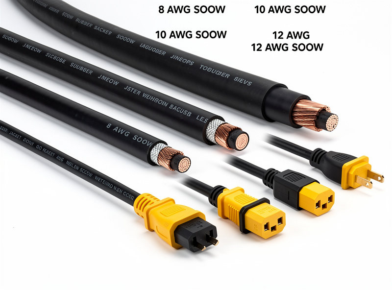 Photograph showing the cross-section of a welding-rated SOOW extension cord with finely stranded copper conductors and thick rubber jacket, next to a standard PVC household cord for comparison
