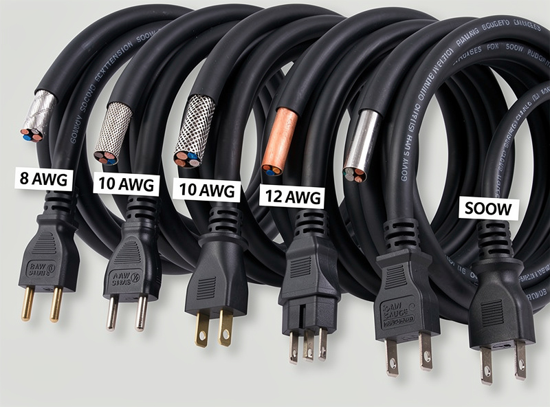 Photograph of a heavy-duty 8-gauge welding extension cord coiled on a wall-mounted cord hanger in a workshop, with NEMA 6-50P plug and 6-50R receptacle visible