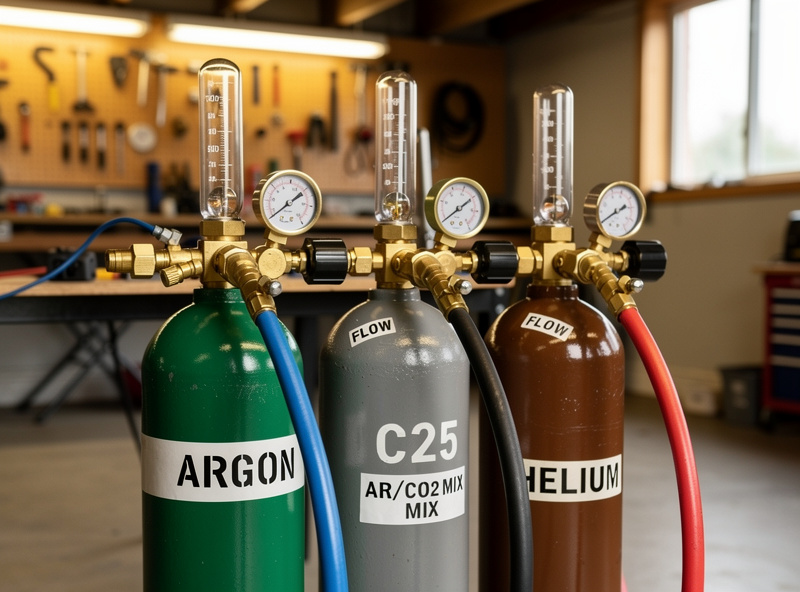 Photograph showing three gas cylinders side by side in a welding shop: argon, C25 (argon-CO2 mix), and helium, each with its regulator and flowmeter attached