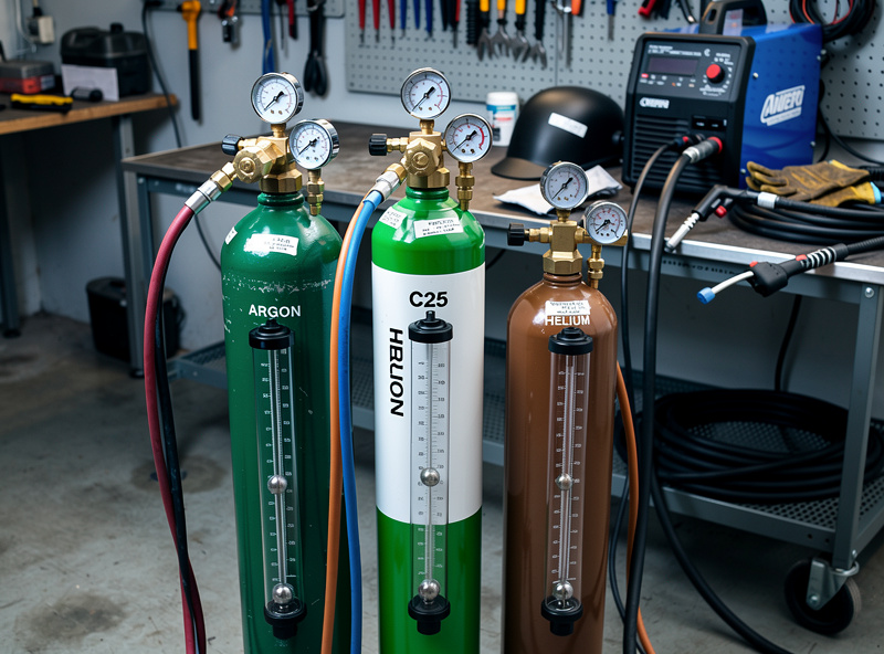 Close-up photograph of a floating-ball flowmeter showing the ball at the 20 CFH mark, with the regulator and cylinder valve visible, mounted on a welding cart