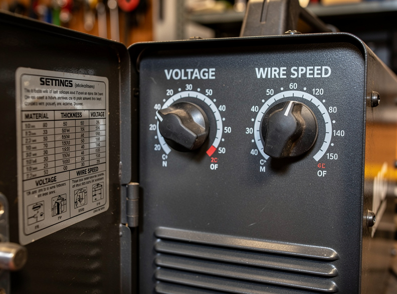 MIG welder control panel with voltage and wire speed settings chart