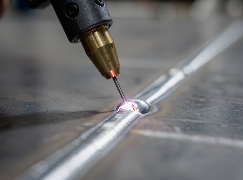Welding gun at 15-degree push angle on steel showing proper technique