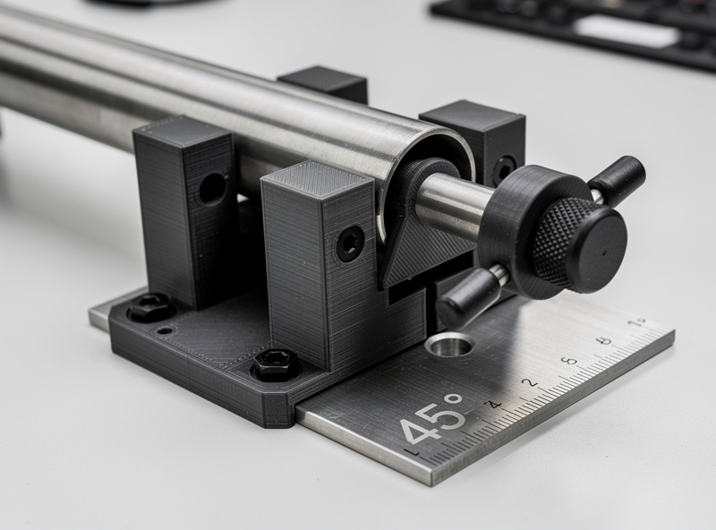 3D printed PETG tube notching jig clamping square steel tube at 45 degrees against a drill-press sanding drum