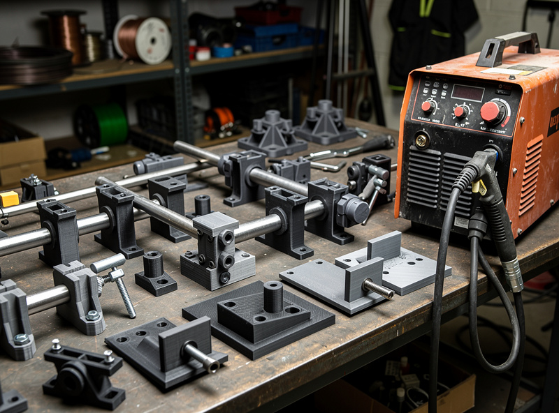 Three 3D printed welding jigs lined up on workbench: magnet clamp, V-block, and 45 degree tack jig