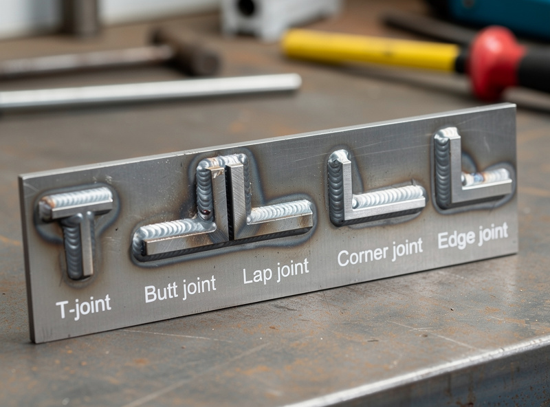 Photograph showing all five basic welding joint types labeled on a steel practice plate: T-joint, butt joint, lap joint, corner joint (outside), and edge joint, each with a sample weld bead