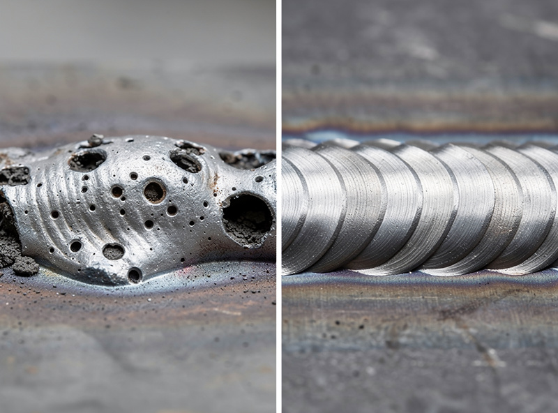 Side-by-side macro comparison of two MIG weld beads on mild steel — leftmost showing severe surface porosity with worm-like cavities and pinholes, right showing a clean dense bead with no porosity
